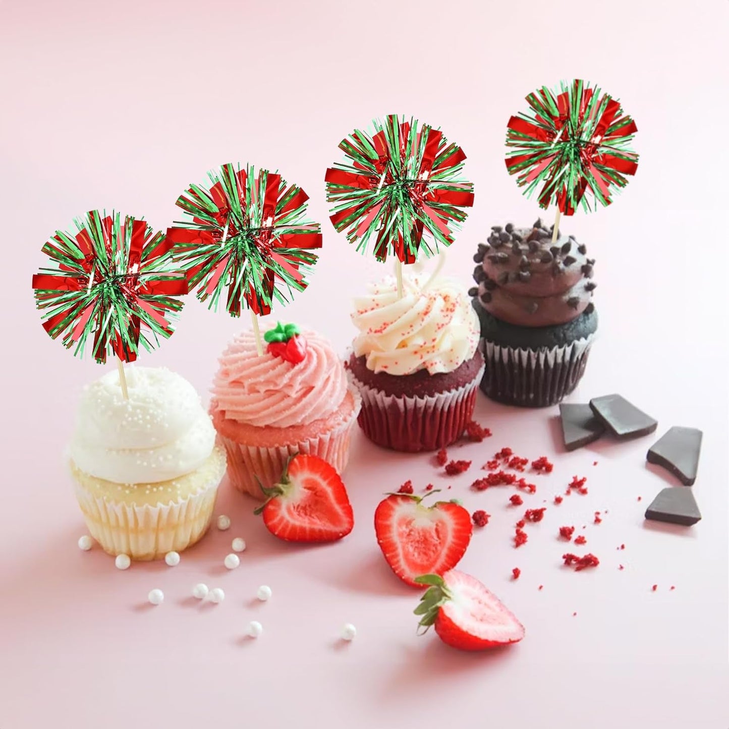 Ephlyn 30Pcs Foil Firework Cupcake Toppers Sparkle Tinsel Drink Birthday Cake Decorations Cocktail Food Fruit Toothpick for New Years Wedding Birthday Party Decorations Red Green