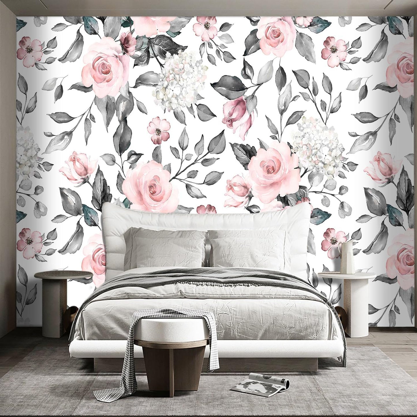 Grey Leaf Pink Flowers Mural Bedroom Floral Wallpaper Room Decor Living Room tv Background Large Wall Mural - 137"x96" (Not Peel and Stick)