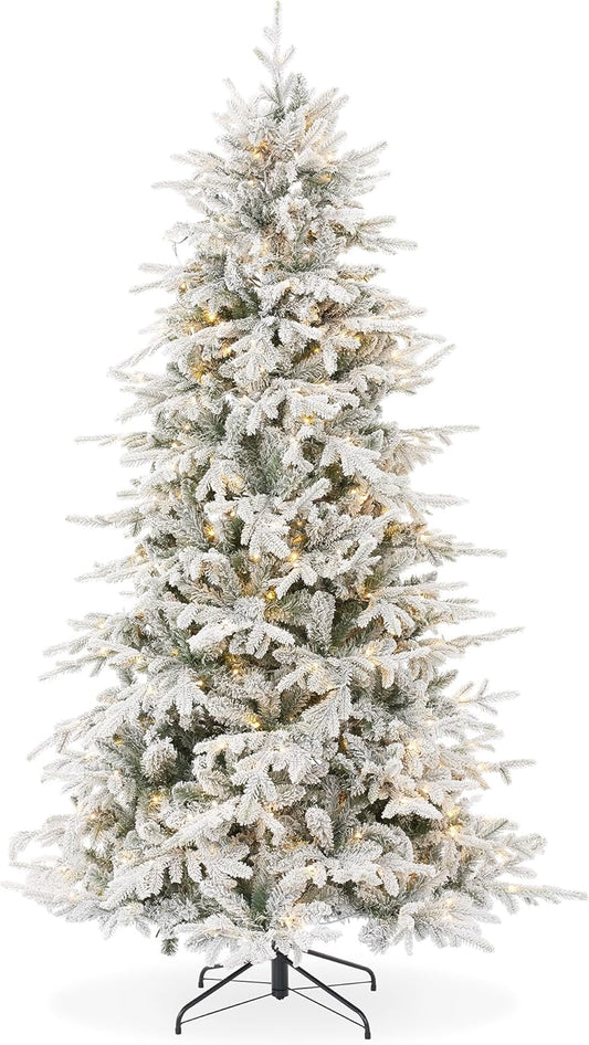 Casafield 7.5FT Pre-Lit Snow Flocked Slim Aspen Fir Artificial Holiday Christmas Tree with White & Multicolored LED Lights, Realistic Noble Fir with Metal Stand