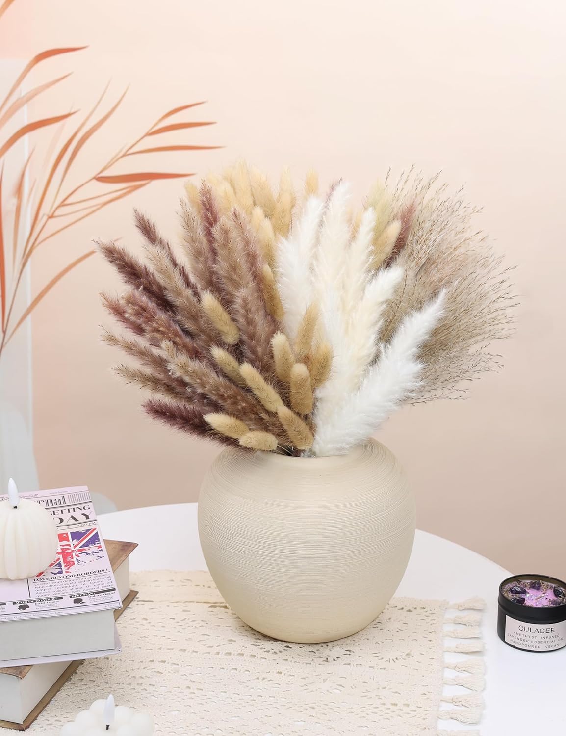 xin's convey 110pcs Dried Pampas Grass Decoration, Dried Flower Bouquet in Vase, Reed Grass Bouquet for Boho Floral Home, Wedding Party Centerpiece, Rustic Farmhouse Decoration.(Brown)