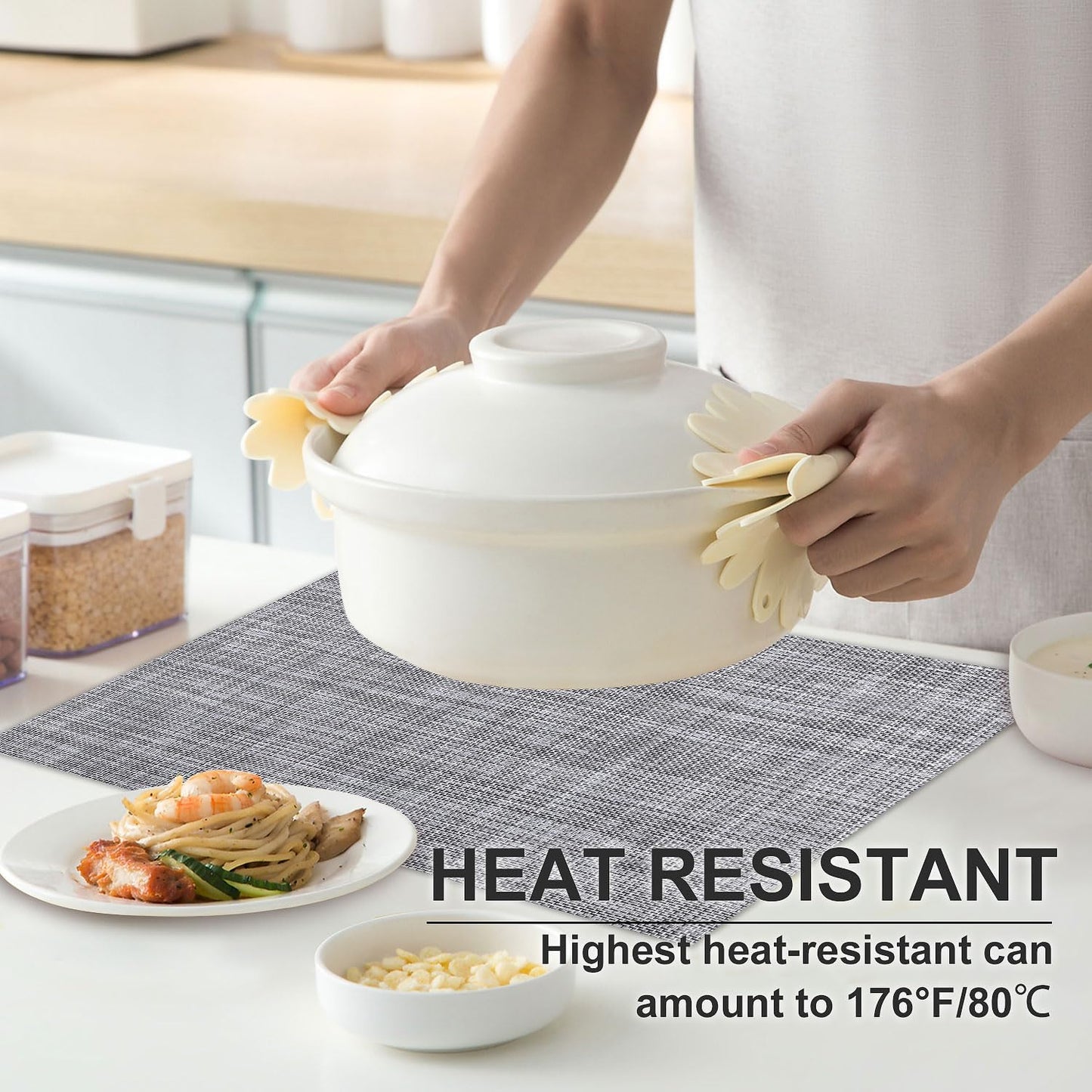 Vinyl Placemats Set of 6, PVC Woven Washable Non-Slip Table Mats, Heat Resistant Wrinkle Free Place Mats for Dining Table, Easy to Clean (6, Light Grey)