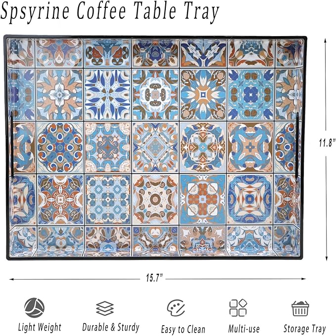 Spsyrine Serving Tray with Handles, Plastic Decorative Tray for Coffee Table, Living Room, Home Decor,Boho