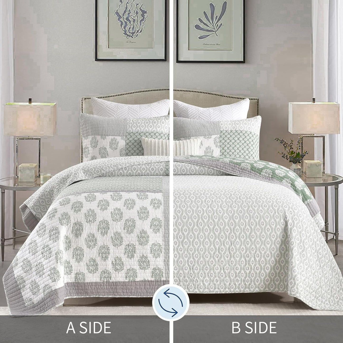 PANGUSHAN Quilt Set King Size, 100% Cotton Bedspread Quilt Bedding Set, Patchwork Reversible Floral Quilt for King Bed, Greyish-Greens Bed Spread, Lightweight Comforter for All Season, 3 Pieces