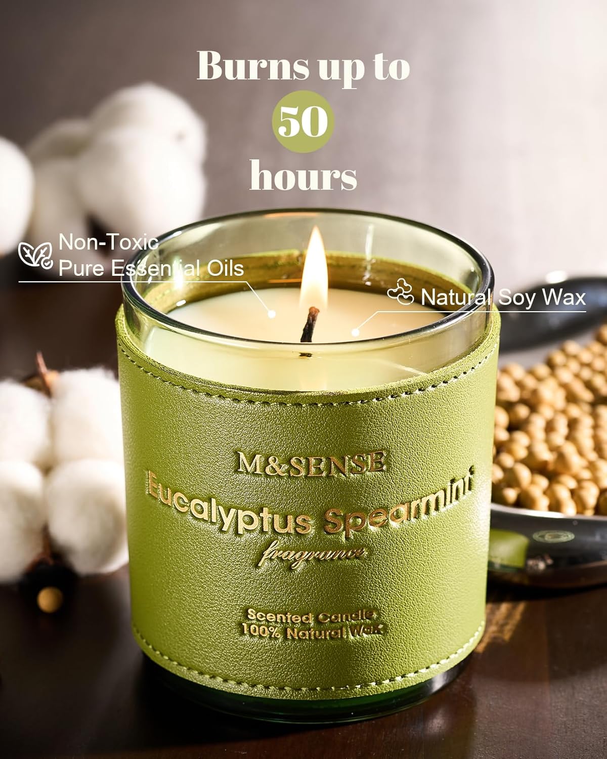 M&SENSE Eucalyptus Mint Scented Vegan Soy Candles, Heavy Scented, 10oz Long Burning 42-Hour Burn Time,Home Fragrance for Stress Relief, Calming, Meditation, Housewarming Gift for Women and Men