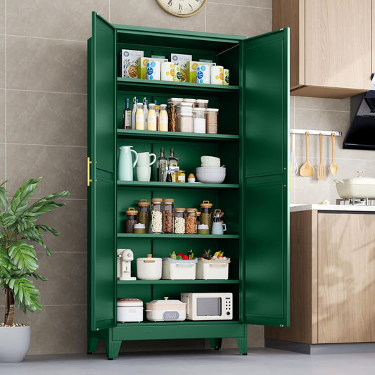 Kitchen Pantry Storage Cabinet with Doors and Adjustable Shelves, Metal ClosetMaid Food Pantry Cabinets, 75" Tall Freestanding Cupboard for Kitchen, Laundry or Utility Room, Green