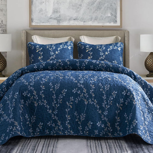 Exclusivo Mezcla Reversible Boho Quilt Set Queen Size, 3 Pieces Flowers Navy All Season Bedspreads, Ultra Soft Floral Coverlet Bedding Set with Printed Pattern (1 Quilt, 2 Pillow Shams)