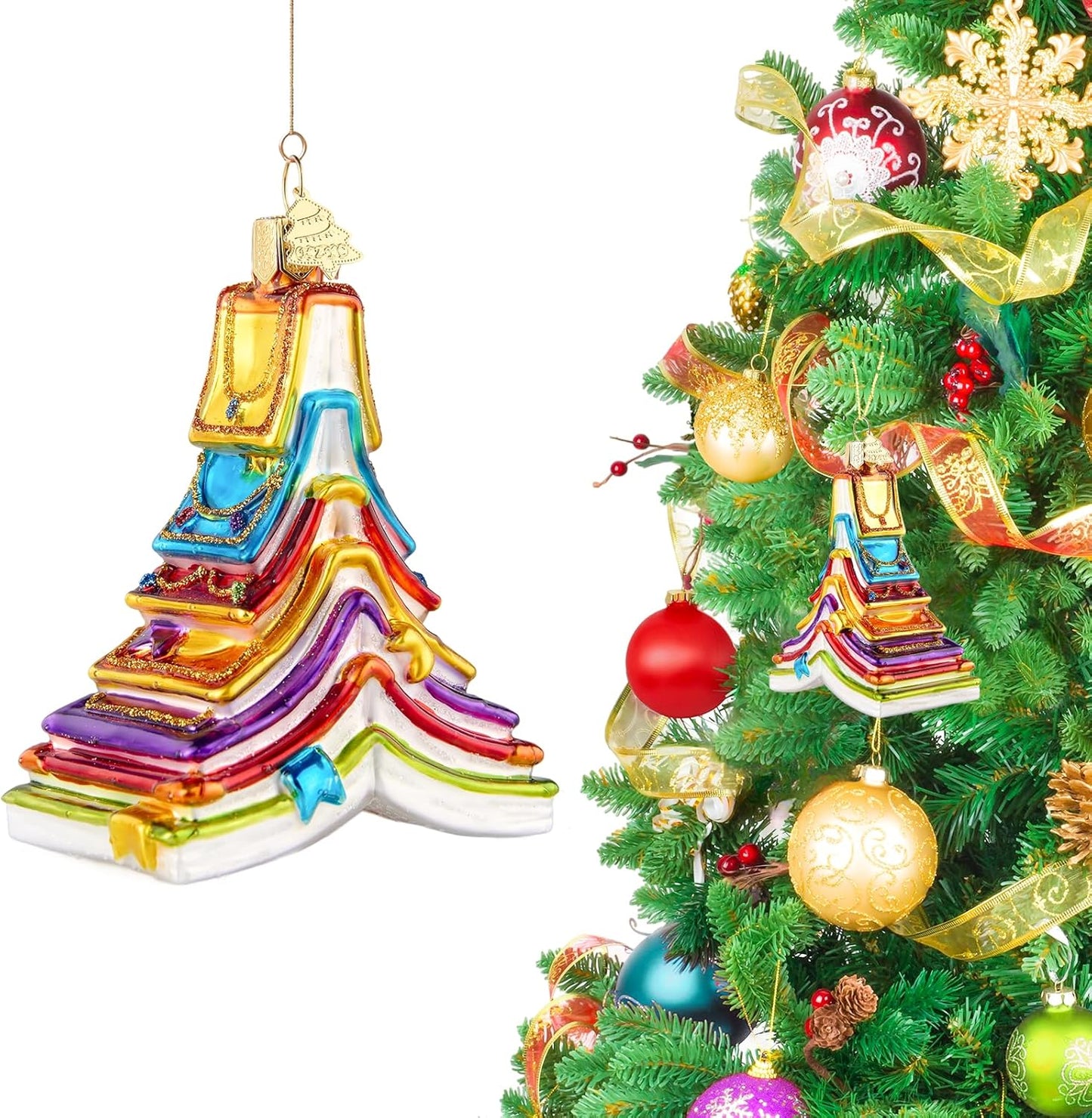 Book Christmas Tree Ornaments,Hand-Blown Glass Ornaments,Colorful Book Tree Shape Watcher Collection Figurines Hanging Ornament,Christmas Decorations for Reading Lovers Holiday Party Home Gift