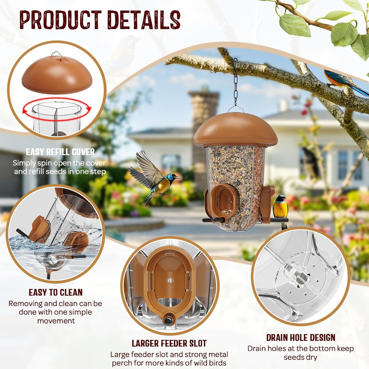 LONA Bird Feeders for Outdoors Hanging – 3 Separate Compartments, 3 Feeding Ports, Weatherproof Dome & 3 Ways to Hang, Large Capacity for Cardinals/Finches (Brown，Plus
