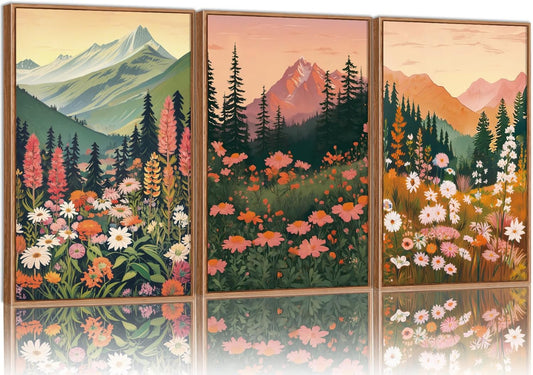 Tinonedraw Mountain Wildflower Framed Canvas Wall Art Set, Boho Mountains Landscape Wall Decor, Modern Floral Forest Scenery Artwork, Neutral Nature Art Prints for Living Room Bedroom Office 24"x36"x3