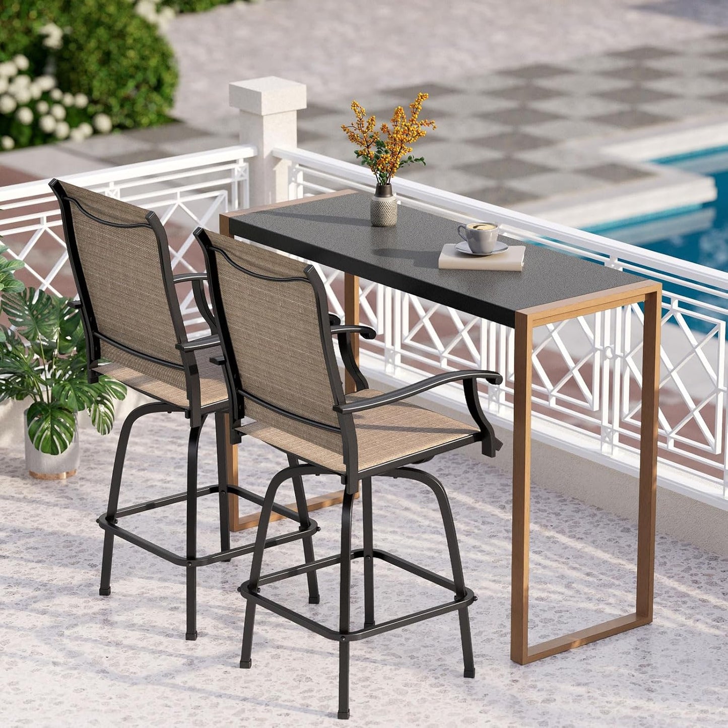 PHI VILLA 3 Piece Outdoor Bar Set, High Top Patio Table and Chairs with Brown Textilene Fabric & Rustproof Metal Frame for Backyard, Balcony, Garden & Poolside