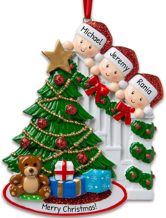 3D Peeking Family of 3 Ornament 2025 Personalized Family Christmas Ornaments 2025 | Staircase Personalized Tree Ornaments for Grandchildren, Siblings & Grandkids Xmas Tree with Gift of Three Ornament