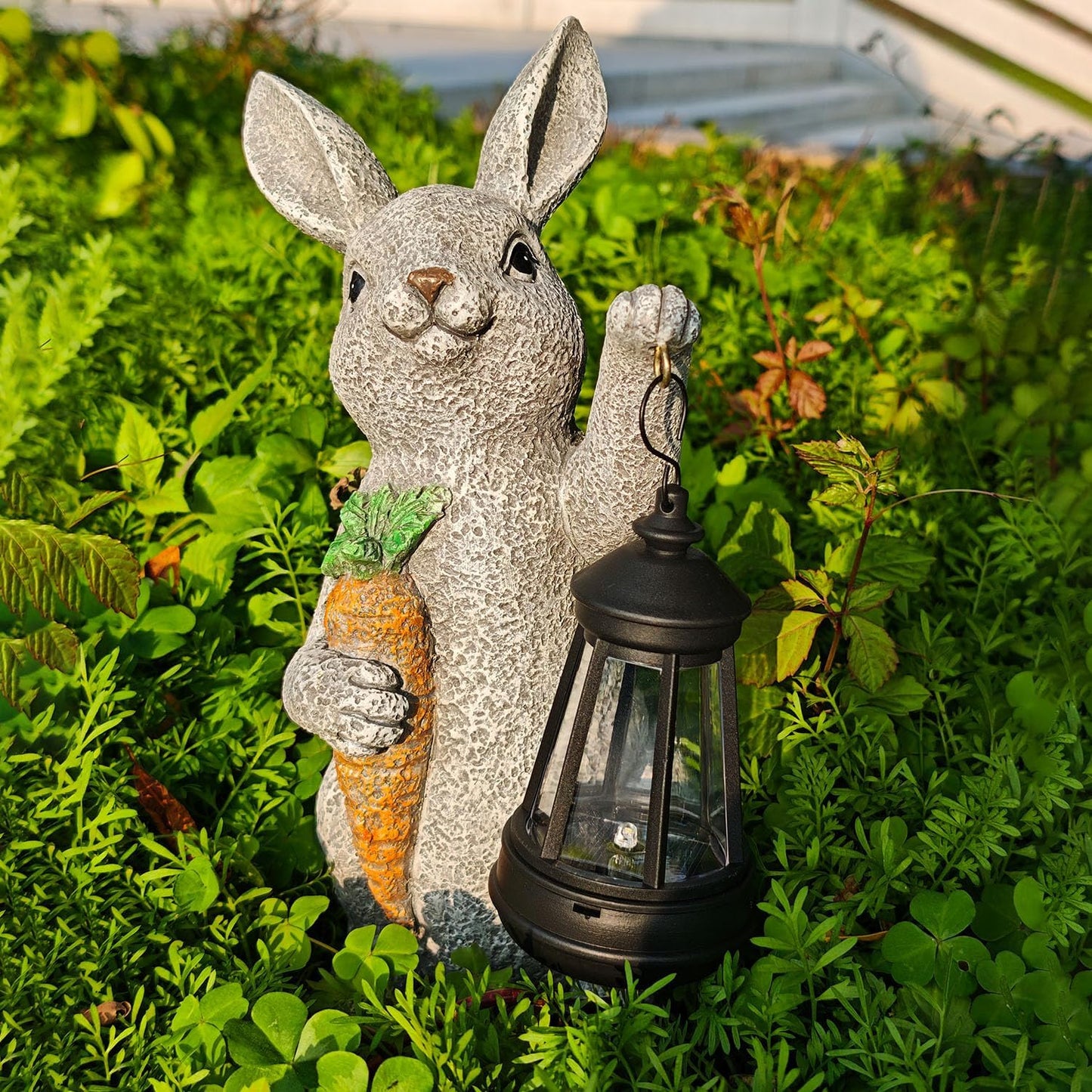 Garden Statues Rabbit Solar Lantern Outdoor Handmade Resin Statue Bunny with Cute Carrot for Patio, Yard,Mother's Day Gift Ideas (rabbit1)