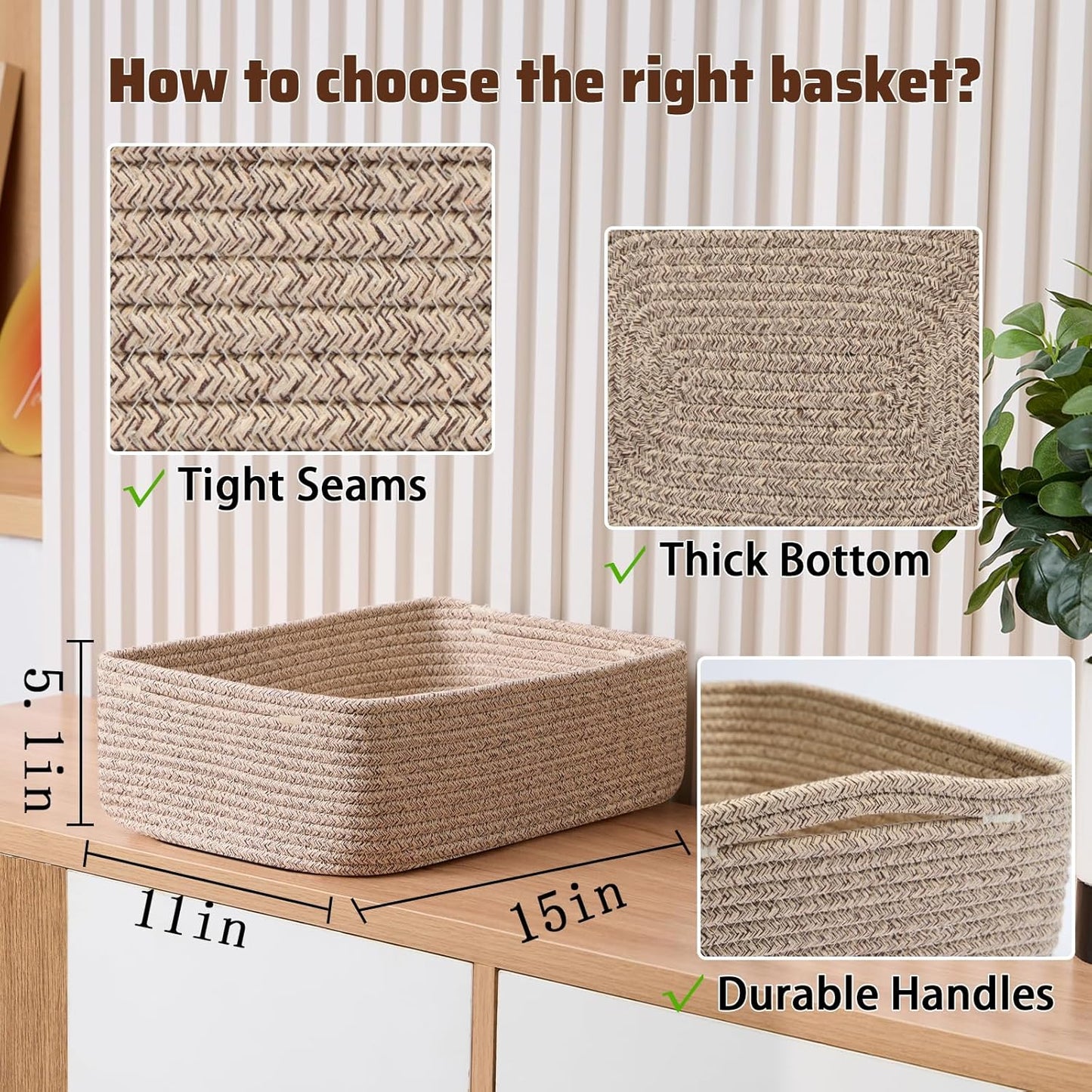 Large Shallow Organizing Baskets 15x11x5.1 Inches - Rope Woven Storage Bins for Bathroom, Shelves, Cube Closet, Mixed Brown 2 Packs