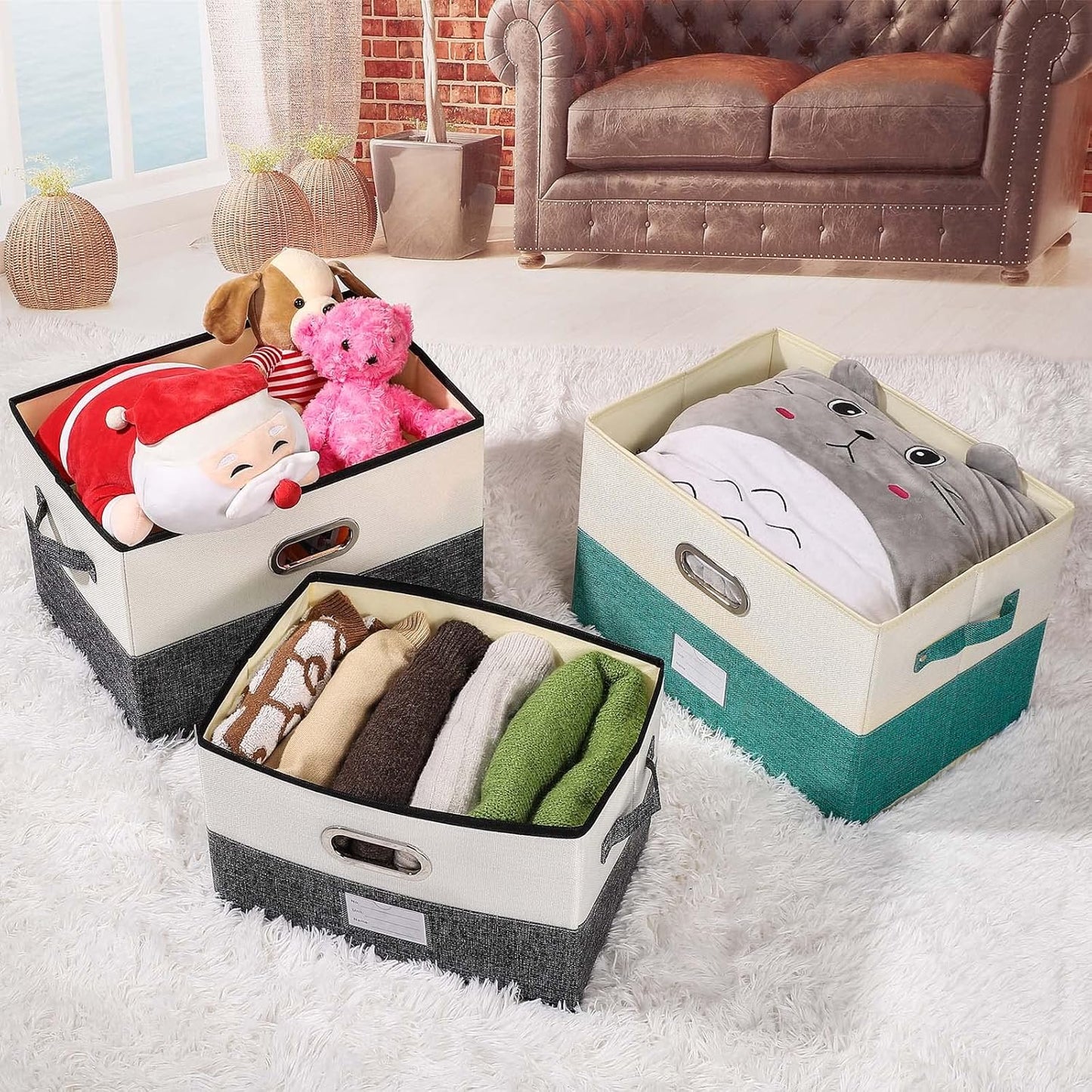 Large Linen Fabric Foldable Storage Bins with Removable Lid and Handles, Washable Storage Box Organizer Containers Baskets Cube with Cover for Bedroom,Office (Coffee&Cream, Medium(2-Pack))