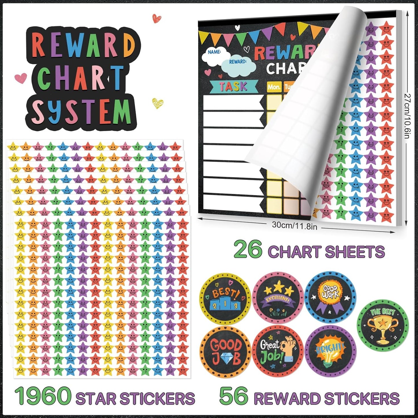 Reward Chart for Kids,Magnetic Behavior Chore Chart for Kids at Home,26 Black Chore Charts,1960 Star Stickers,56 Reward Stickers,Incentive Chore Chart to Develop Responsibility and Good Habits