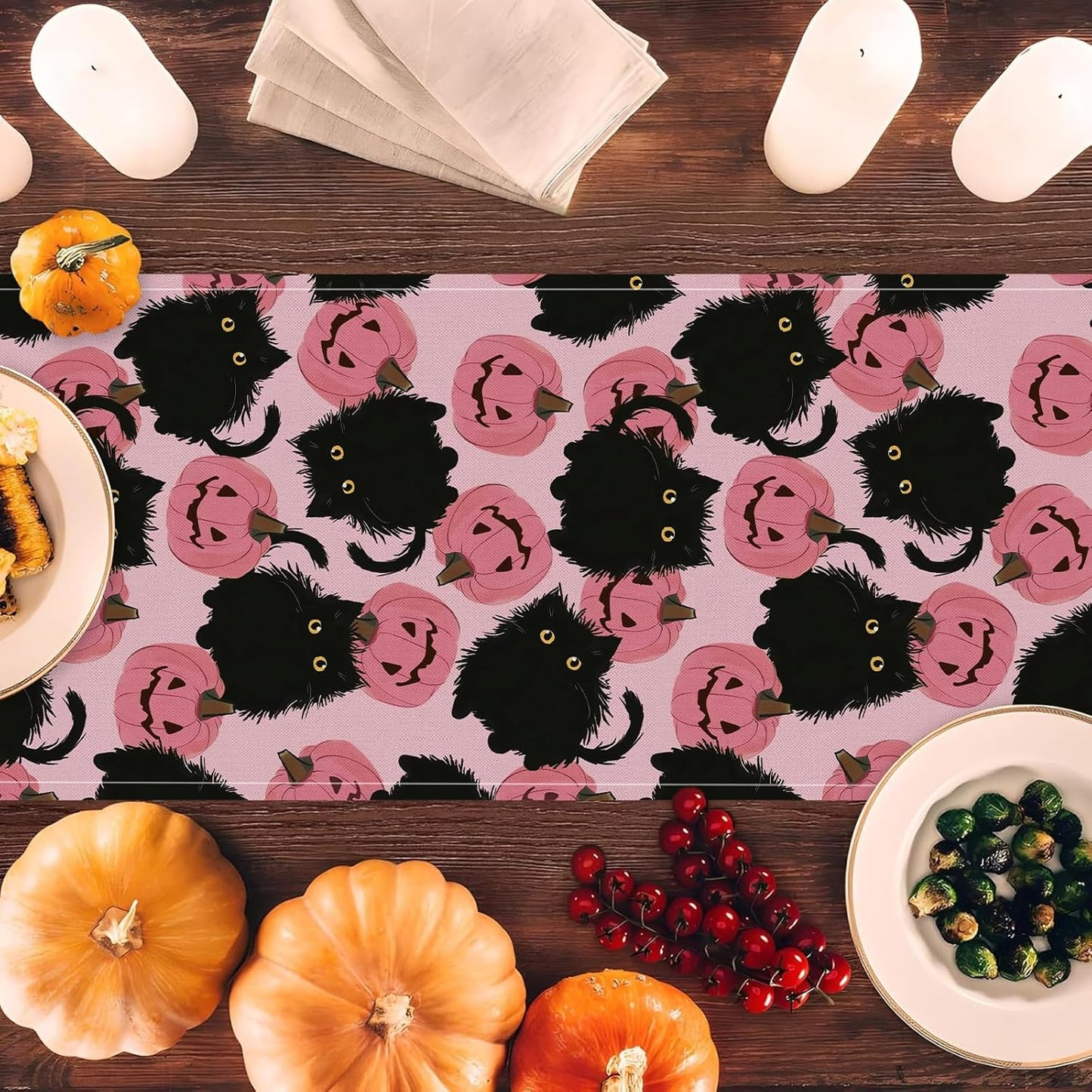 Halloween Table Runner Black Cat Pink Pumpkins Seasonal Kitchen Dining Table Home Outdoor Party Decorations 13x108 Inch