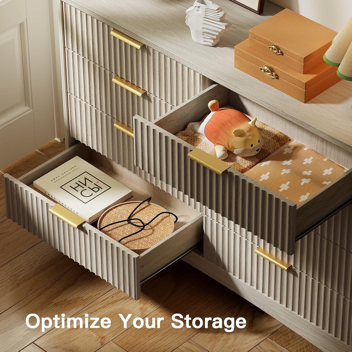 Pipishell Fluted 8 Drawers Dresser for Bedroom, 47" Wooden Drawers with Metal Handle, Dressers with Round Edge Design, Closet Clothes Storage Organizer for Bedroom, Hallway, Grey