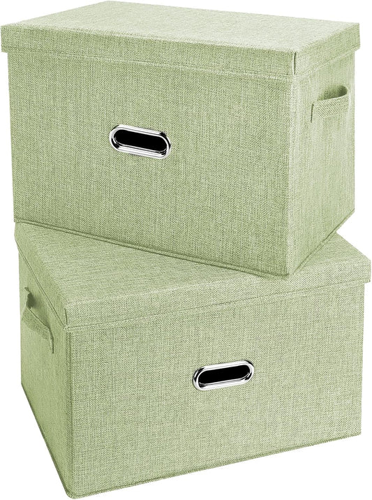 Large Linen Fabric Foldable Storage Bins with Removable Lid and Handles, Washable Storage Box Organizer Containers Baskets Cube with Cover for Bedroom,Office (Green, Extra Large(2-Pack))