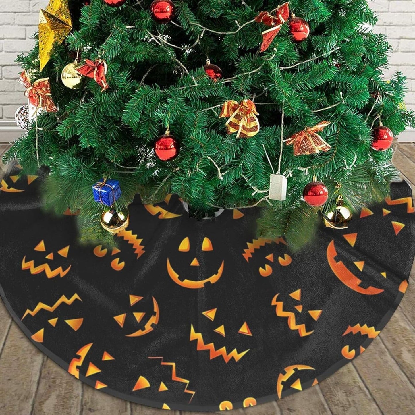 Christmas Tree Skirt,Jack O Lantern Pumpkin Smiles Xmas Tree Skirt Rustic Farmhouse Tree Skirt for Christmas Decor Xmas Holiday Home Party Decorations36