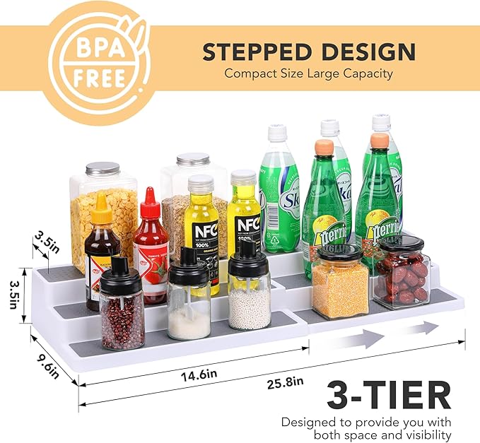 3 Tier Expandable Spice Rack Organizer, White/Grey Plastic Spice Rack, Adjustable Length 14.6In-25.8In, 2 Pack Non-Skid Tiered Spice Shelf Organizer for Kitchen Cabinet, Cupboard, Pantry
