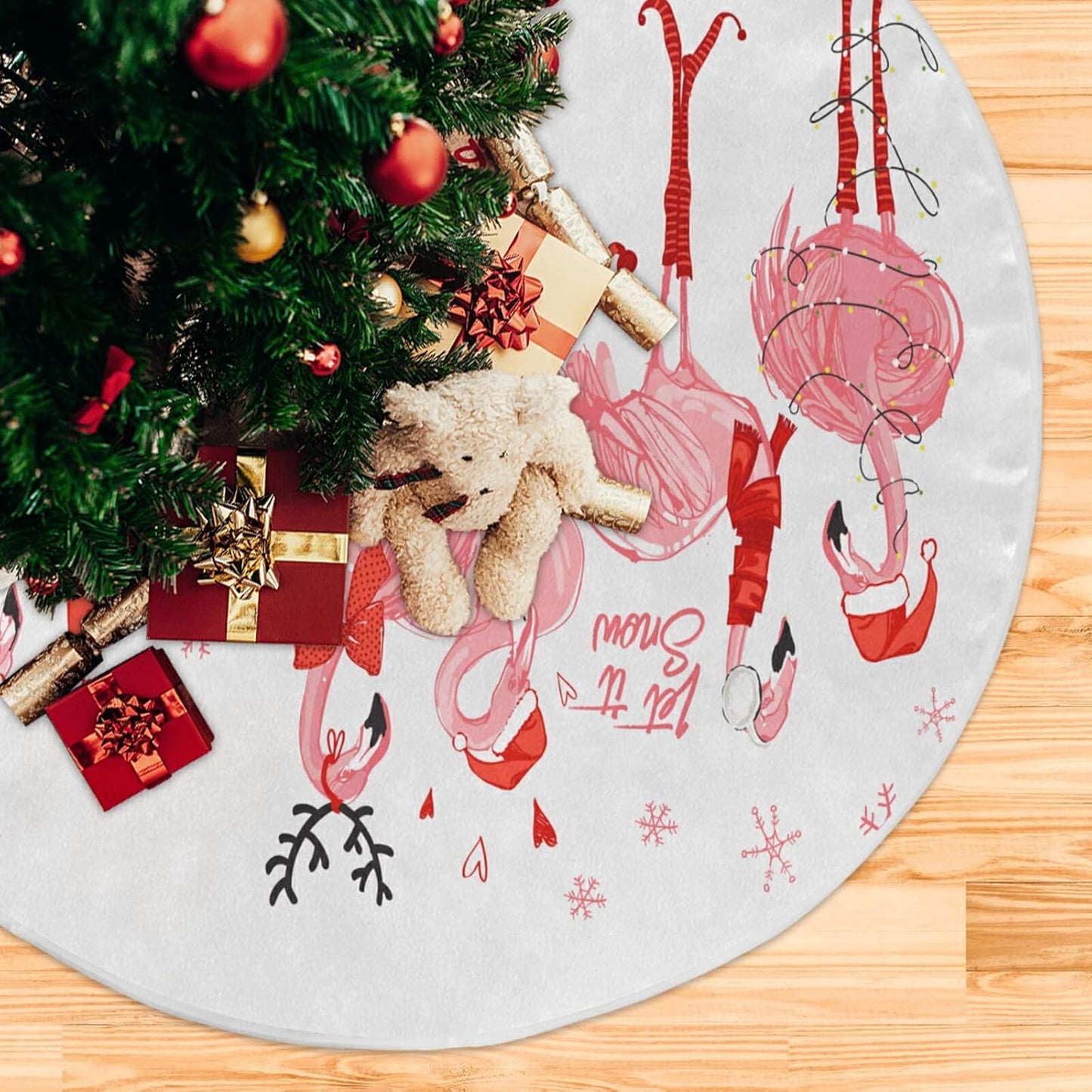 Christmas Pink Flamingo Snowflake Tree Skirt, Seasonal Tree Mat Holiday Party Supplies Ornaments Indoor Outdoor Decorations for Tabletop Trees 35.4 Inches