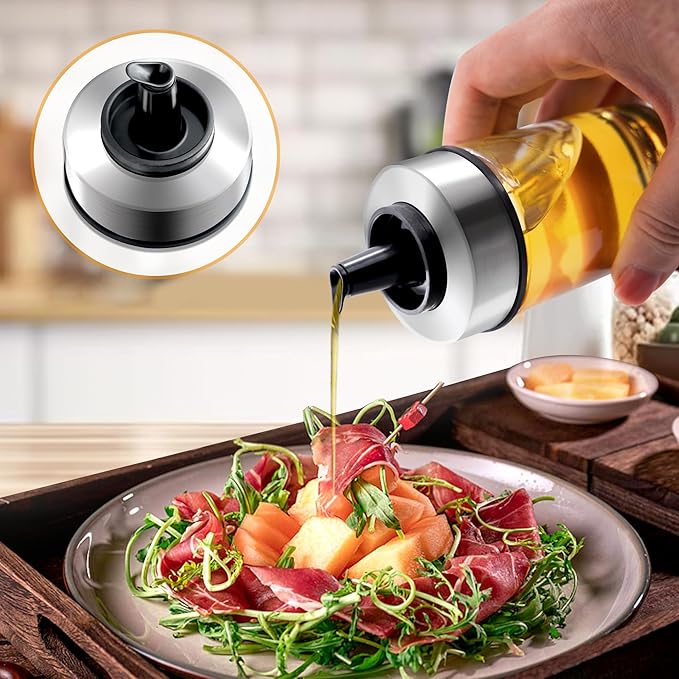 Mlici Oil and Vinegar Dispenser Set of 6 Bottles, Stainless Steel Salt Pepper Holder with 360° Rotating Holder, Cruet Soy Sauce - Premium Glass Condiment for Kitchen, Tabletop, Kitchen Containers