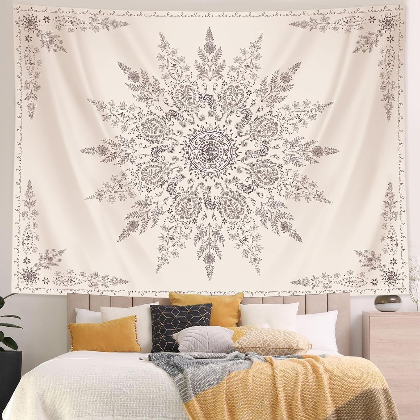 Lunerfex Boho Floral Tapestry Mandala Wall Tapestry, Cute Tapestries for Bedroom Beige Flower Tapestries Wall Hanging for Bedroom Living Room Decor Beige-2 44"x60"