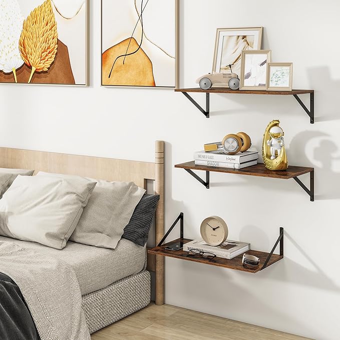 Heimlove 24" W x 12" D Wall Shelves for Books, 12 Inch Deep Floating Shelves Set of 3, Wide Floating Bookshelf with Metal Bracket for Living Room, Kitchen, Office, Bedroom and Decor - Rustic Brown