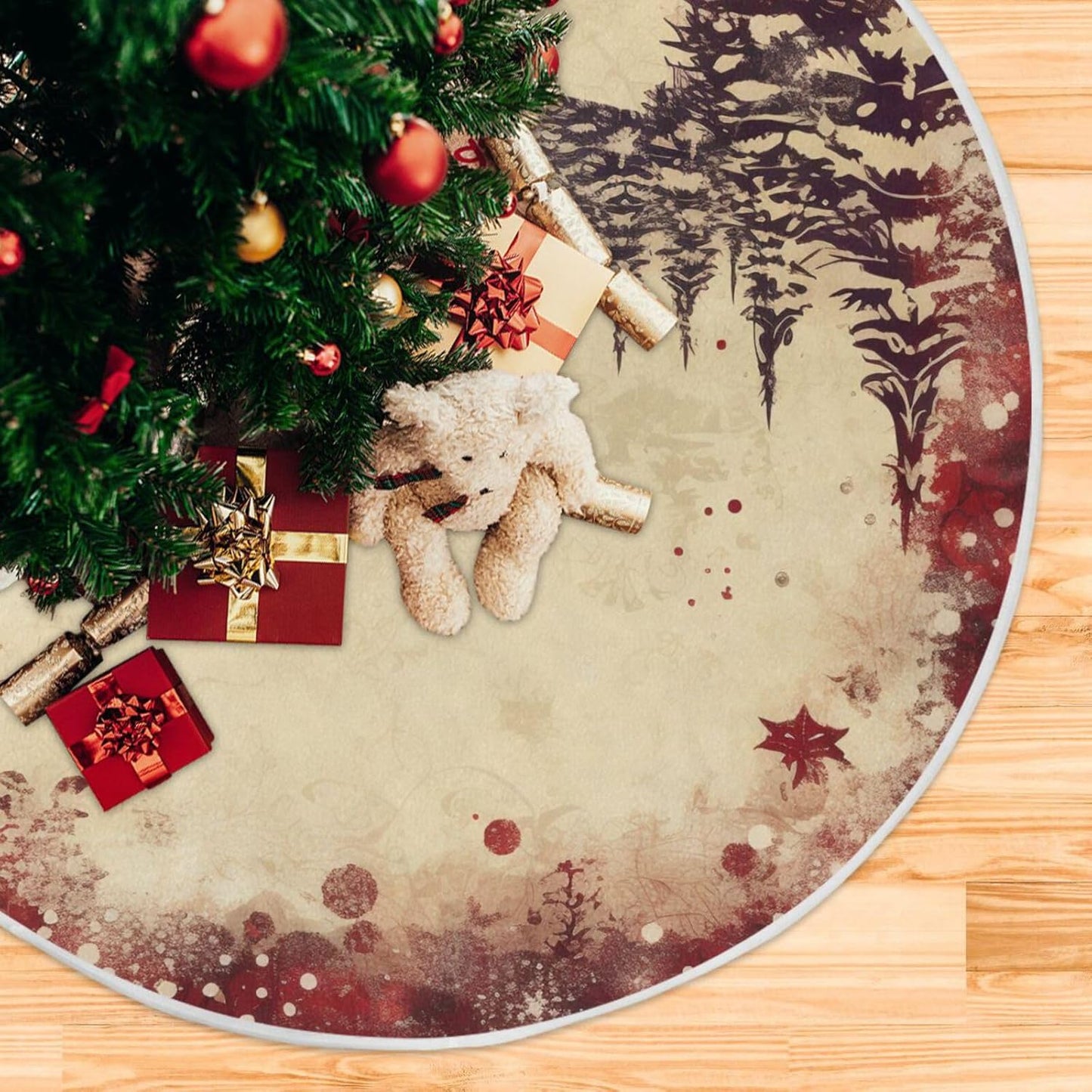 Vintage Red Elk Christmas Tree Skirt - 48 Inch Xmas Tree Mat for New Year Party Decorations