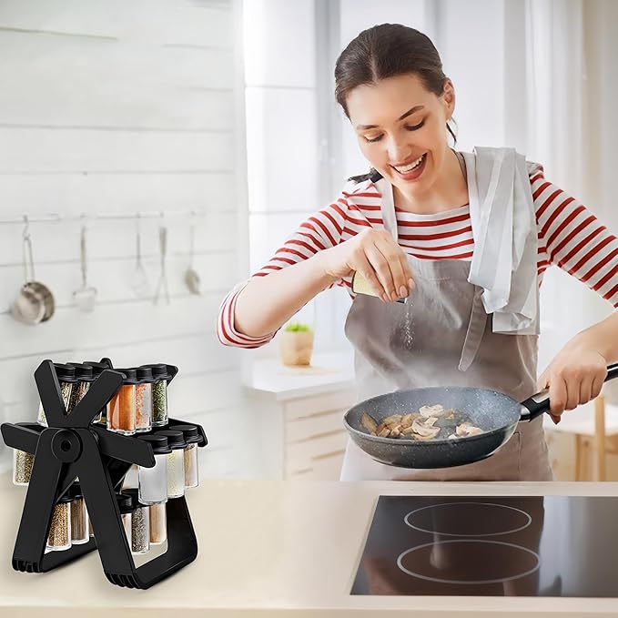 Rotating Spice Rack - Revolving Ferris Wheel Countertop Spice Organization with 18 Glass Spice Jars Countertop Spice Storage Rack for Families Kitchen