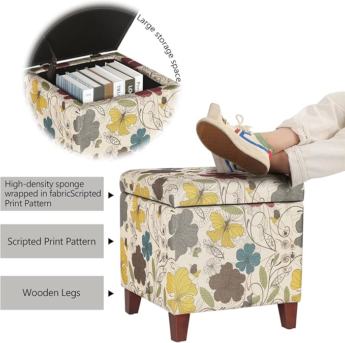 Adeco 18 Inch High Cube Ottoman Storage, Floral Printed Linen Chair Foot Stools, Upholstered Vanity Stool with Hinged Lid, Solid Wood Legs