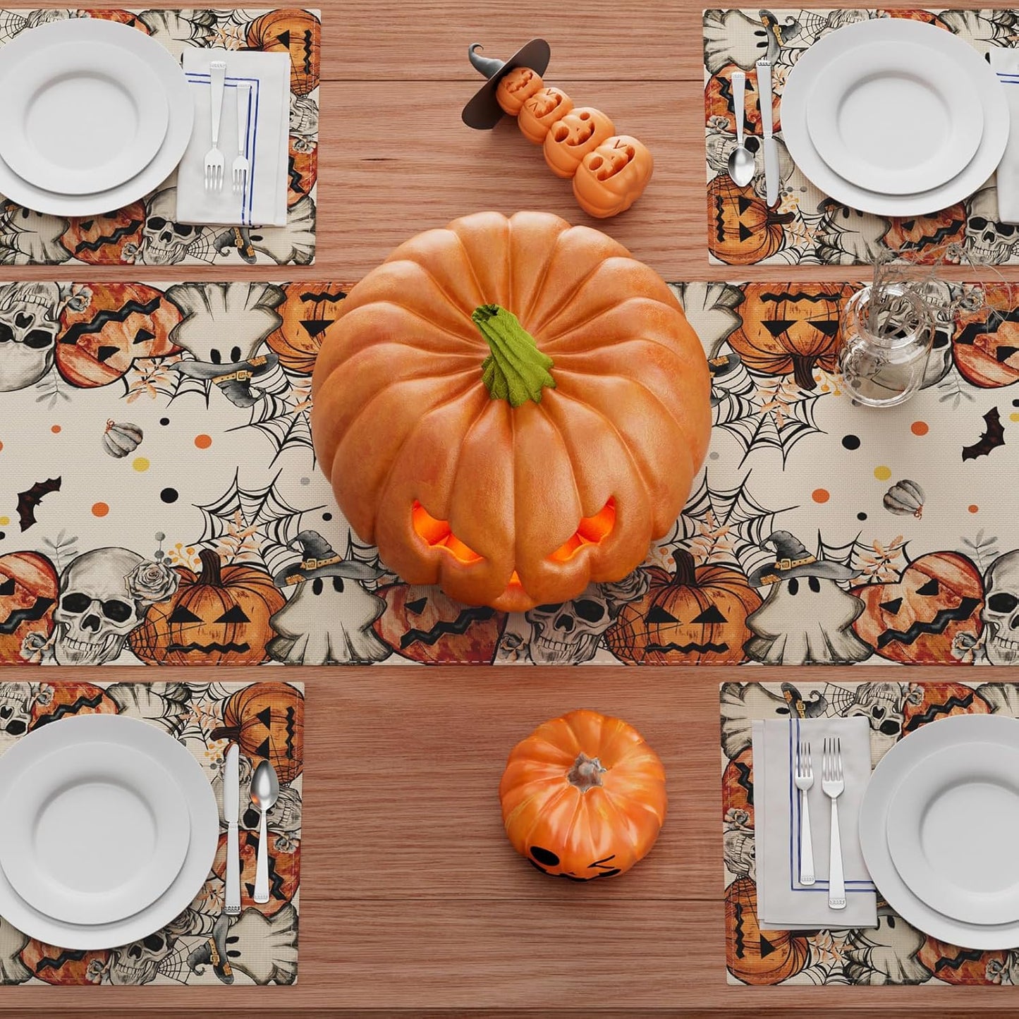 XCHI Spooky Skeleton Ghost Pumpkin Halloween Table Runner Party Table Decoration for Home Kitchen Dining Holiday Decor 13x108 Inch
