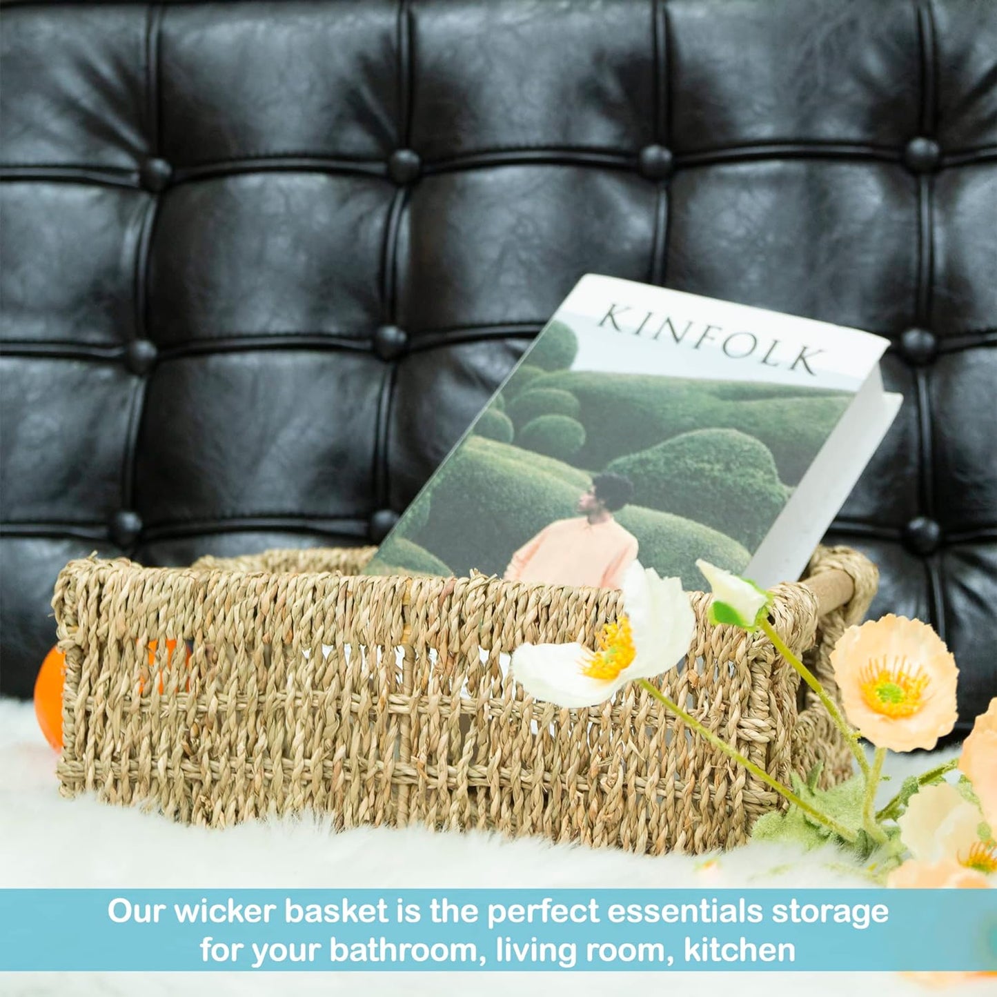 Natural Seagrass Storage Basket with Handle, Rectangular Woven Organizer Bin for Living Room or Shelf, Decorative Storage Basket, Medium Size 13.4 x 9.3 x 4.9 Inches