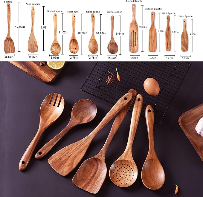 Wooden Spoons for Cooking,GUDAMAYE 10 PCS Wooden Kitchen Utensils Set,Wooden Cooking Utensils For Non-stick Pan,Teak Wood Utensils Set,Spurtles Kitchen Tools As Seen On Tv