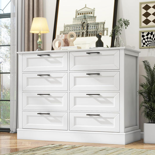 Odeekea White Dresser for Bedroom, Wood Dresser with 8 Drawers, Chest of Drawer for Bedroom Living Room Entryway Hallway, Modern Farmhouse Style