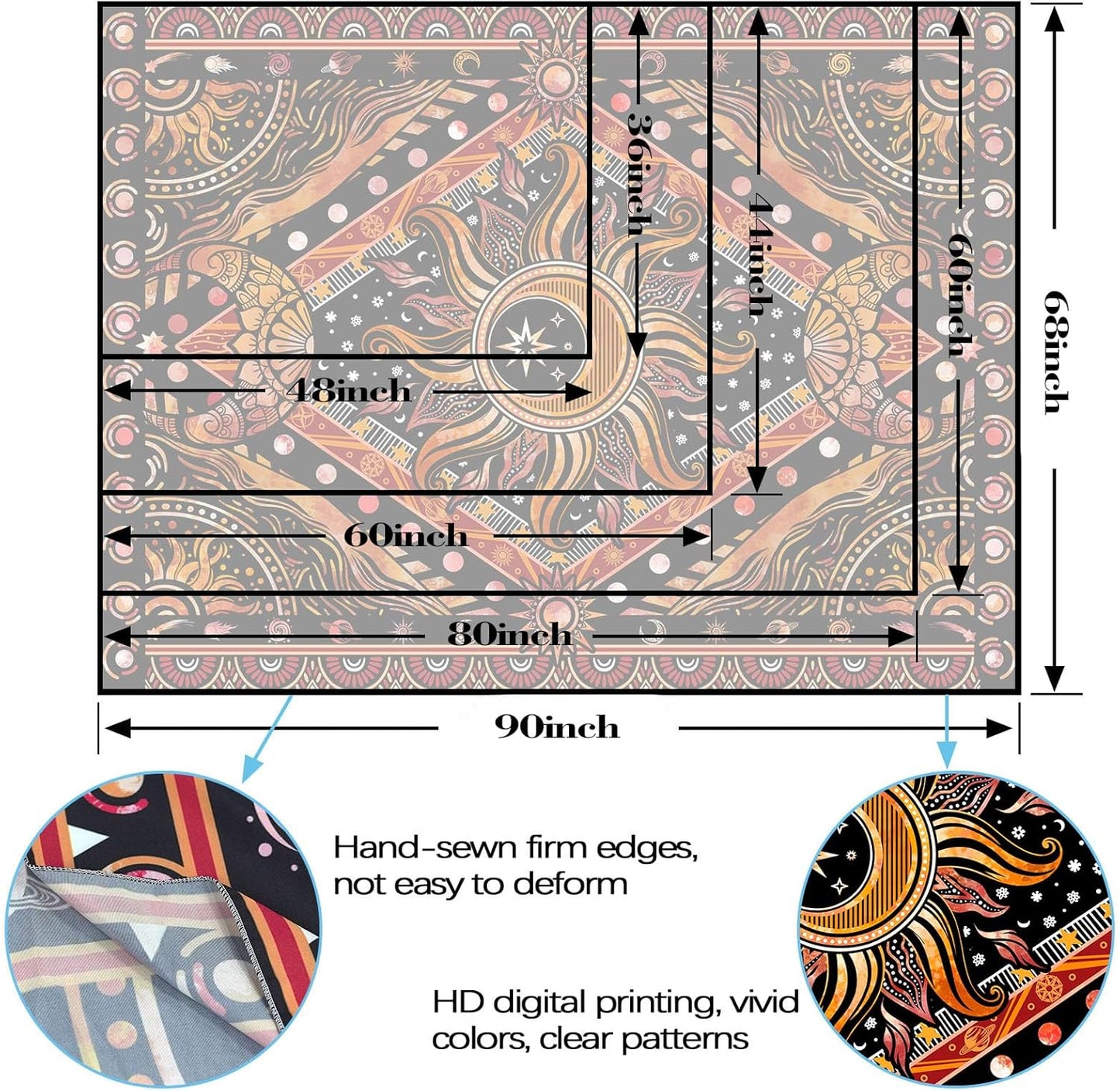 Lunerfex Hippie Sun and Moon Tapestry Bohemian Celestial Tapestry Aesthetic Tapestries for Bedroom and Living Room Decor Sun and Moon 44×60 Inches