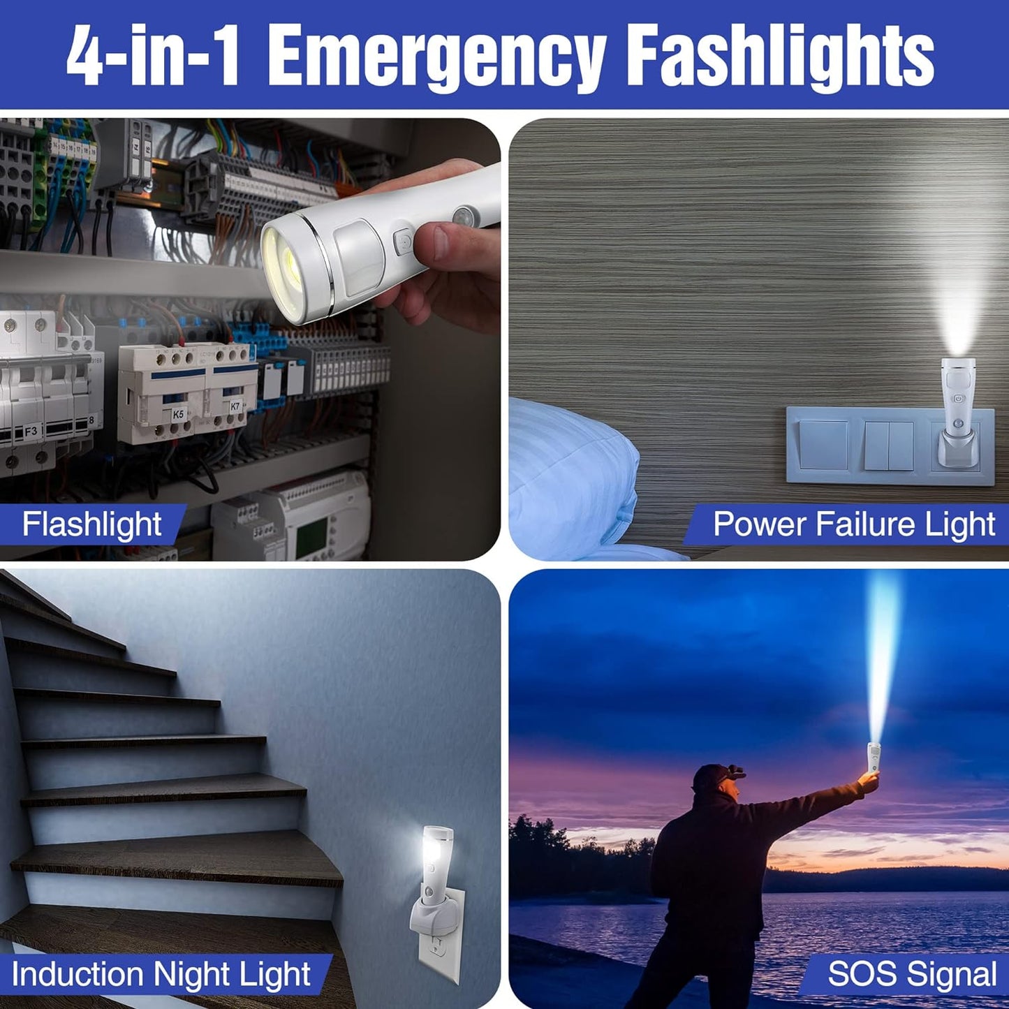 Enhon 4 in 1 LED Emergency Lights for Home Power Failure, 9 Pack Rechargeable Plug in Flashlight Motion Sensor Night Light, Automatic Turn On Power Outage Light for Home Hurricane Supplies(White)