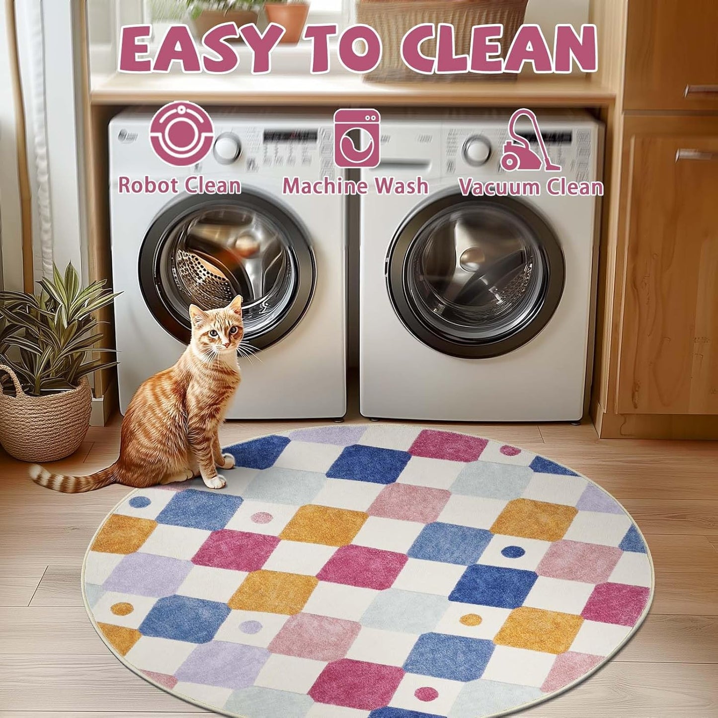 jinchan Round Rug 5ft Kids Washable Rug Indoor Floor Cover Non-Slip Soft Elementary School Classroom Modern Colorful Diamond Carpet for Nursery Daycare Bedroom Playroom Living Room Berries on Cream