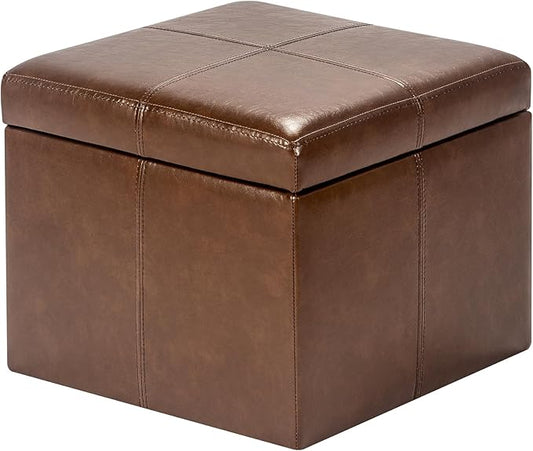 Adeco Storage Ottoman Foot Rest Stool, Leather Ottoman Footstool with Hinged Lid, 17" Small Foot Stool Bench for Living Room, Bedroom