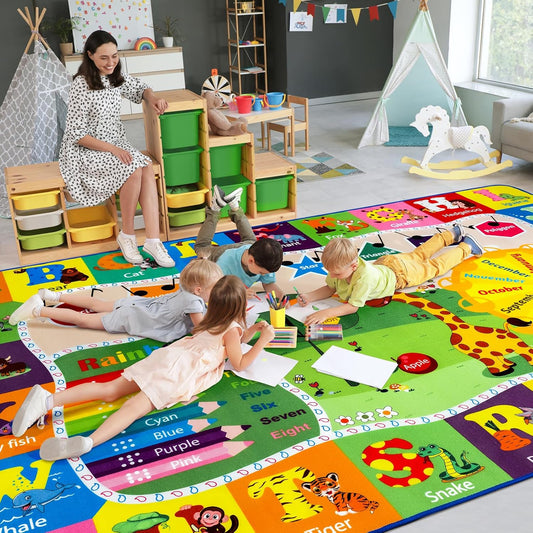 7x10 Playroom Rugs for Kids Washable, Educational and Fun Playmat with ABC Alphabet Animals Shapes Colors, Non-Slip Play Mat Learning Rugs for Baby Toddler Children Game Activity
