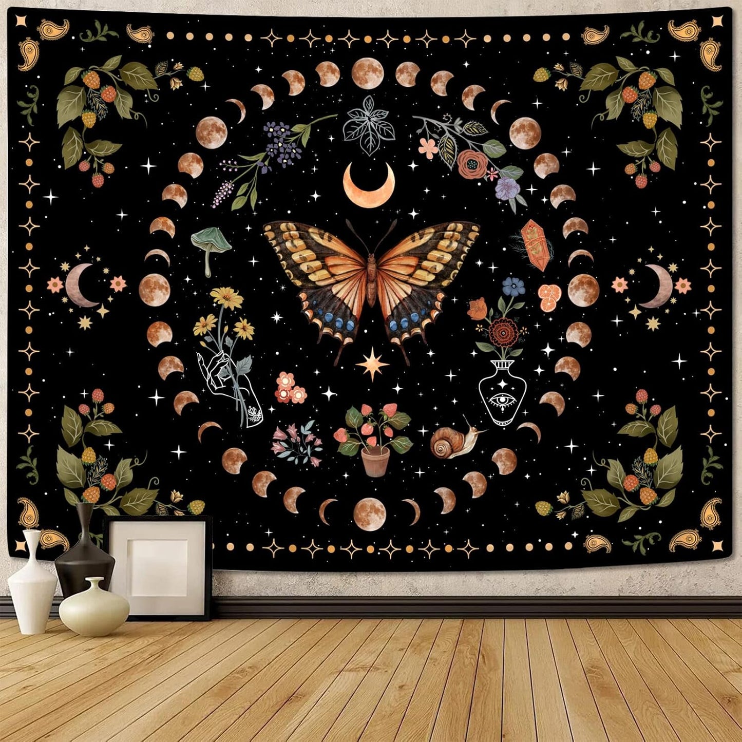 Aipon Yellow Butterfly Moon Flower Tapestry Botanical Floral Plant Boho Tapestry for Bedroom Aesthetic Vintage Tapestries Wall Hanging for Living Room Dorm (36.00'' × 48.00'', Yellow)