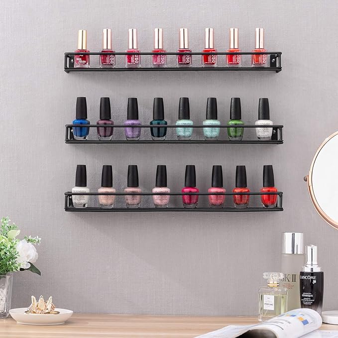 MyGift Set of 3 Wall-Mounted Black Metal Nail Polish and Essential Oils Display Shelves, Kitchen Spice Jars Rack