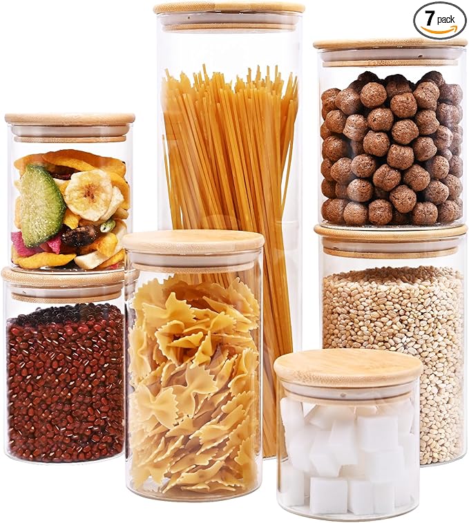 Glass Food Storage Jars, Glass Jars with Bamboo Lids, Kitchen Storage Jars, Canisters with Airtight Lids for Spice, Coffee, Cookie, Set of 7, Pantry Organizers
