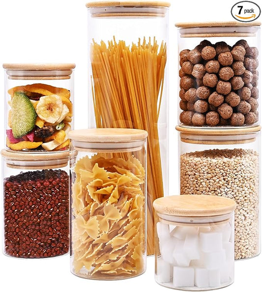 Glass Food Storage Jars, Glass Jars with Bamboo Lids, Kitchen Storage Jars, Canisters with Airtight Lids for Spice, Coffee, Cookie, Set of 7, Pantry Organizers
