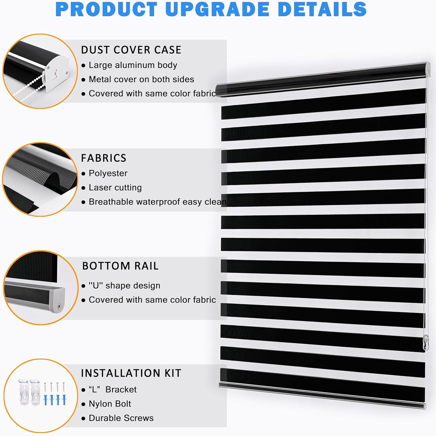 Blackout Zebra Blinds, Dual Layer Free-Stop, Room Darkening Zebra Shades, Blinds for Indoor Windows, Light Filtering Privacy Sheer Shade for Home(38" W X 72" H, Black)