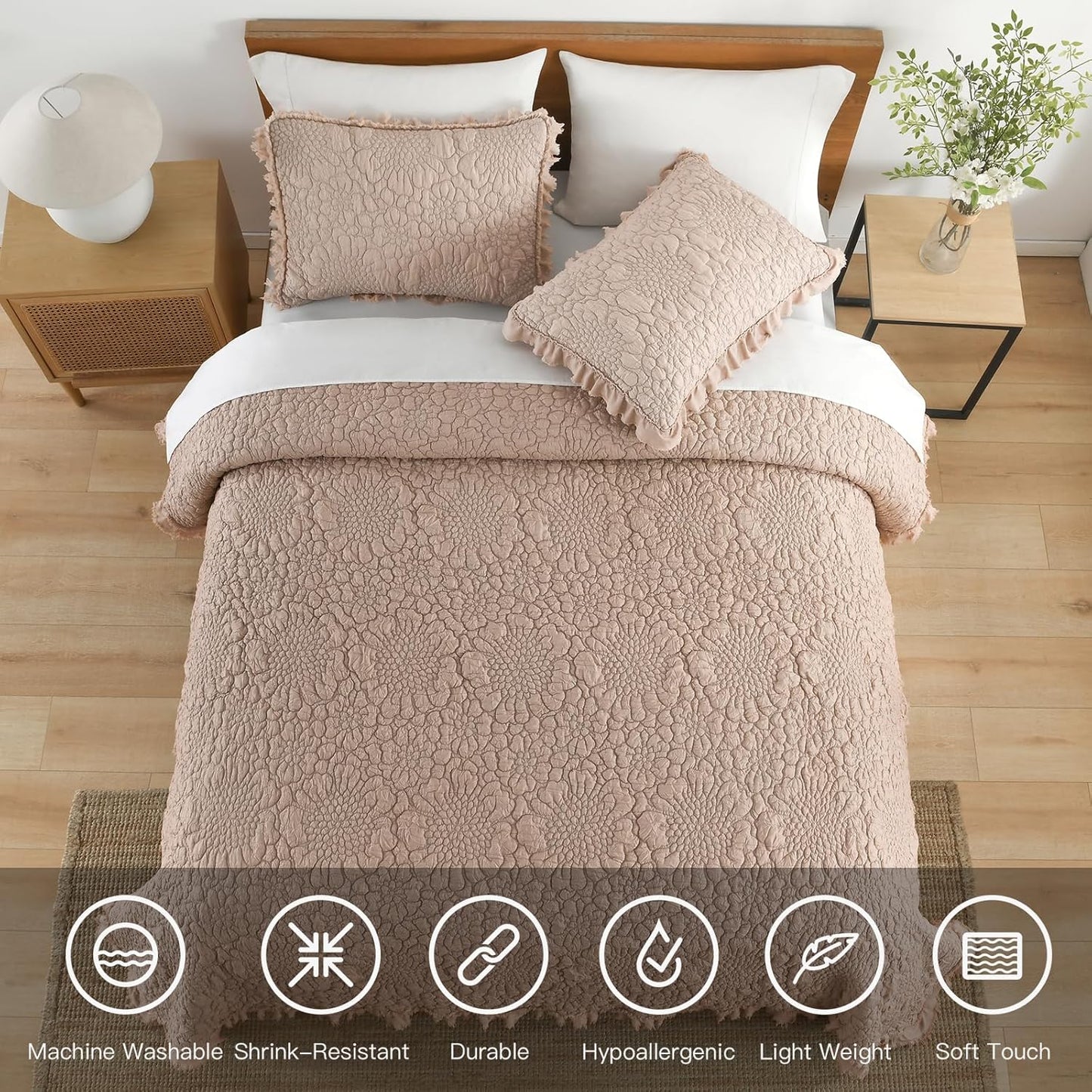 HORIMOTE HOME Pinkish Grey Ruffled Quilt Twin Size, Stone-Washed Microfiber Lightweight Crinkled Farmhouse Rustic Shabby Chic Bedding Set, 2 Pieces Reversible Bedspread with Pillow Sham for All Season