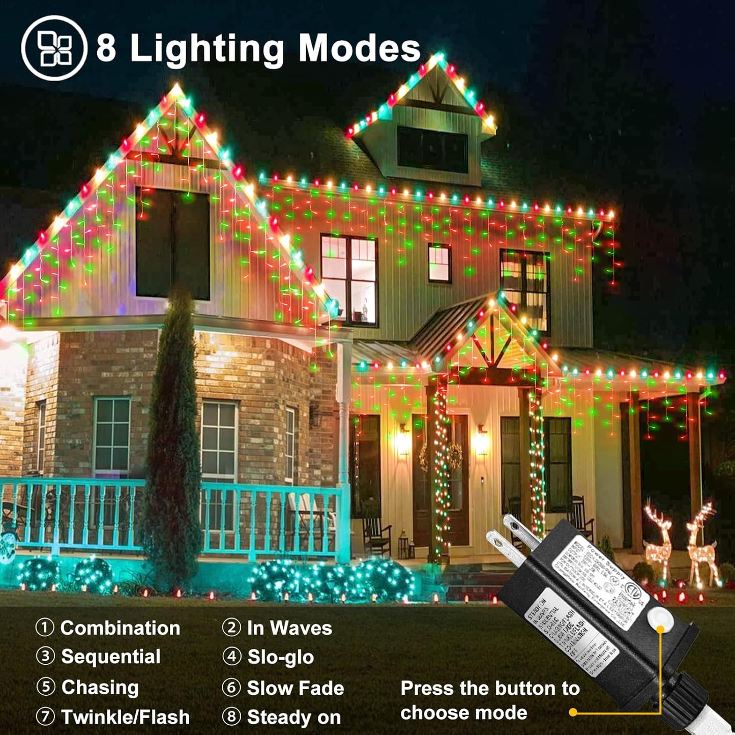 66ft Red and Green Christmas Lights, 640 LED Icicle Lights for Outside, Clear Wire Connectable Twinkle Lights with 8 Modes Timer Waterproof for House Window Party Tree Holiday Patio Yard Home Decor