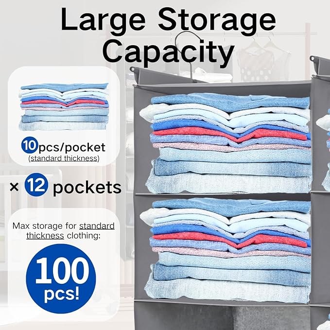 Dual-Row 6 Tier Shelf Hanging Closet Organizer and Storage, 12 Pockets Clothes Storage Shelves with 3 Sturdy Hooks for Clothing Organization, Dorm Room Essentials for Girls, Foldable, Grey