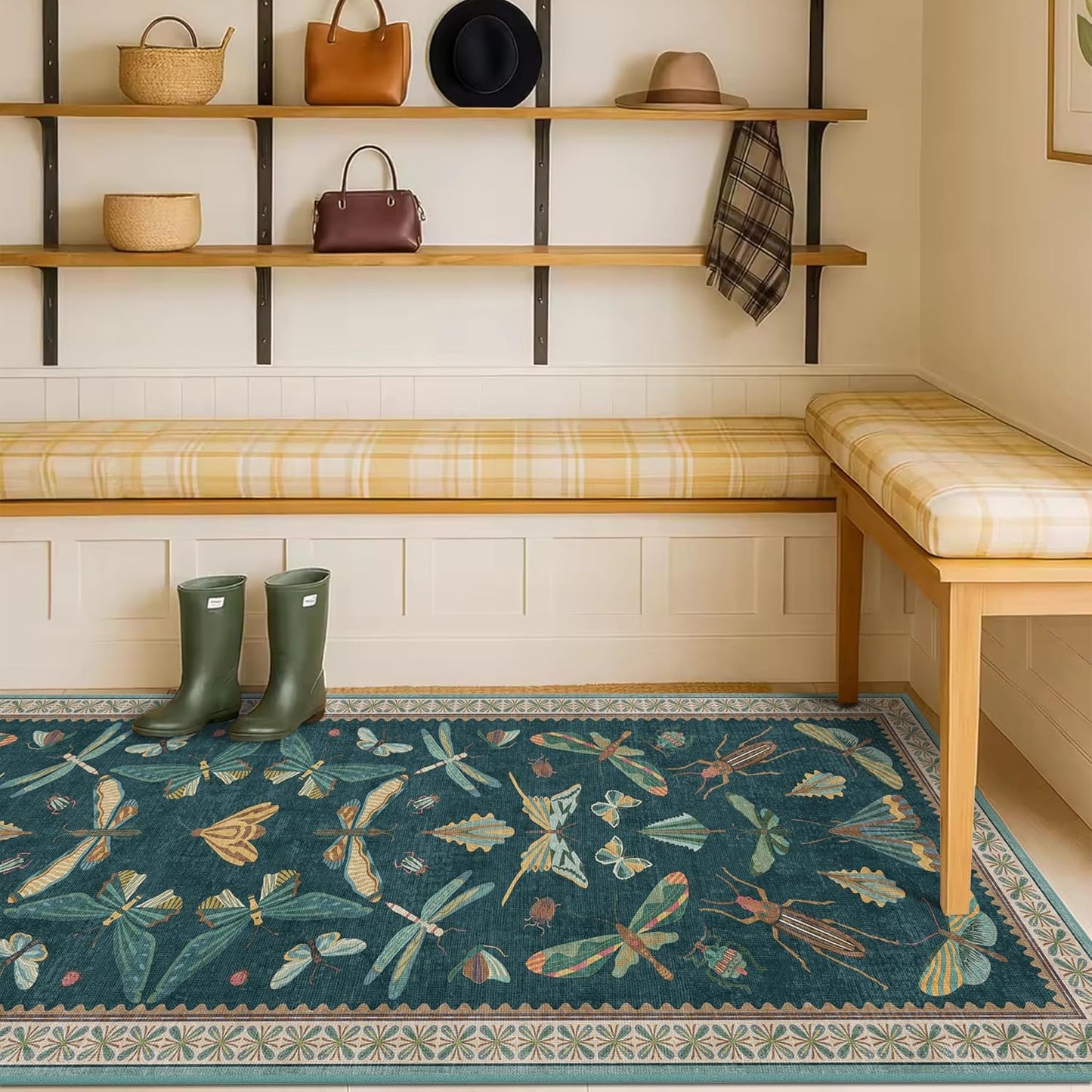 Wide Runner Rug for Hallway 2'6"x8' - Green Runner Rug for Kitchen, Hall Way, Washable Foldable Boho Insect Deor