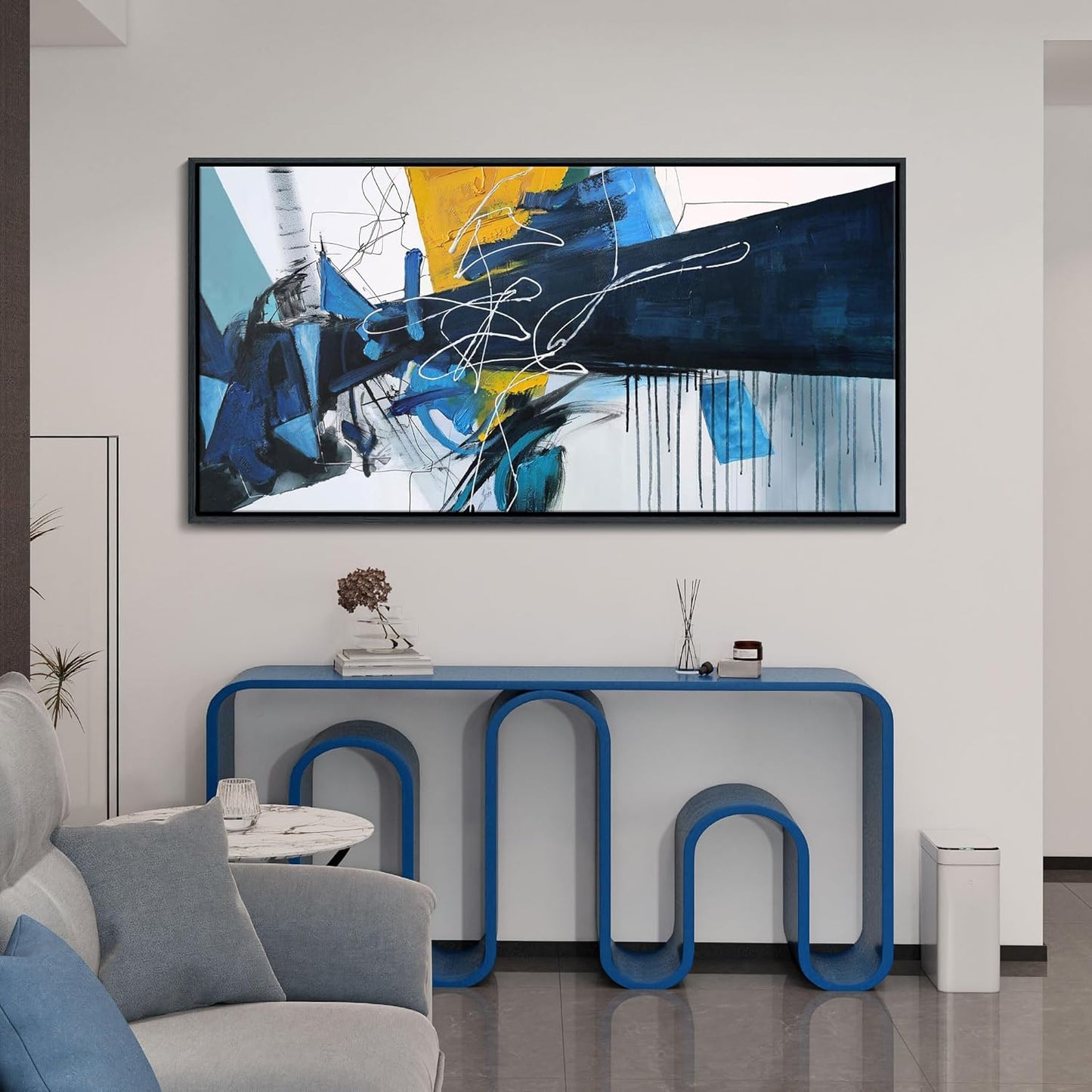 KLAKLA Extra Large Wall Art for Living Room - Blue and white Canvas Framed Wall Decor Living Room Abstract Picture Artwork for Office Bedroom Decorative Paintings